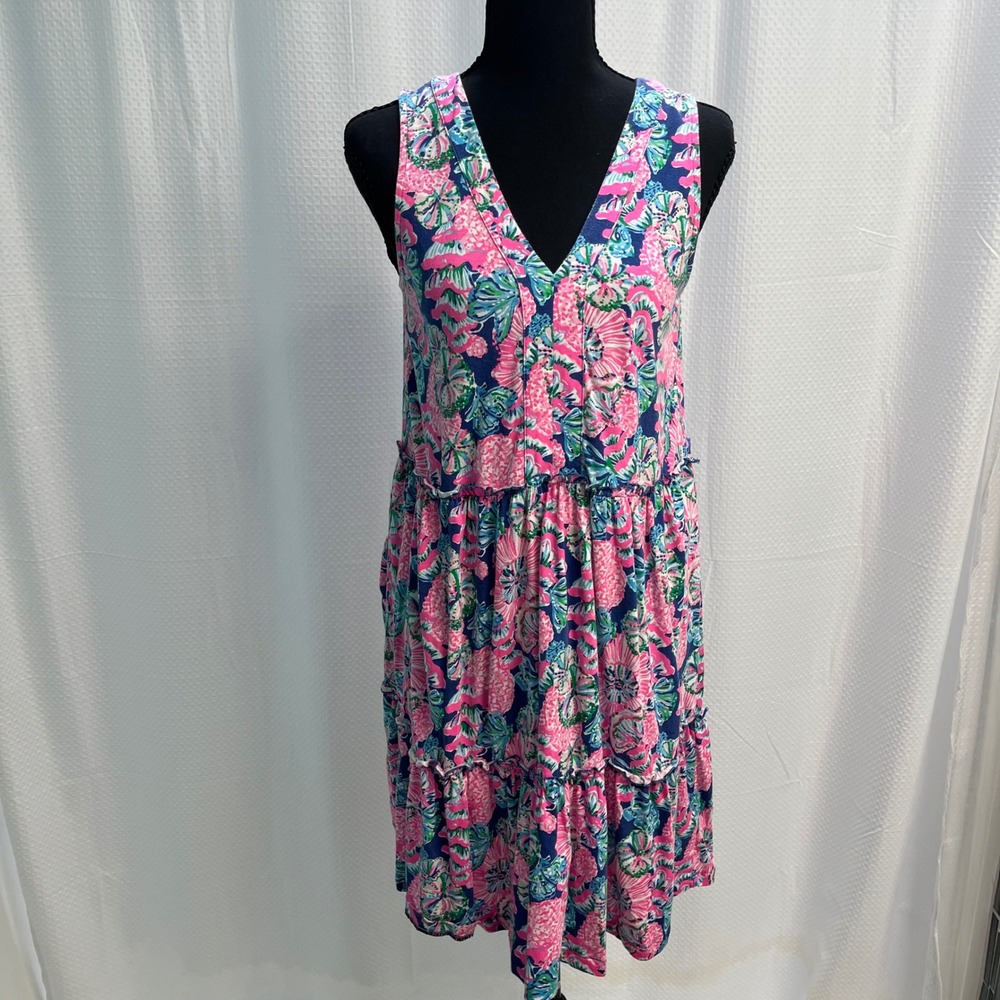Lilly Pulitzer Lorina Pink Blue Floral Tiered V-Neck Sleeveless Dress XS